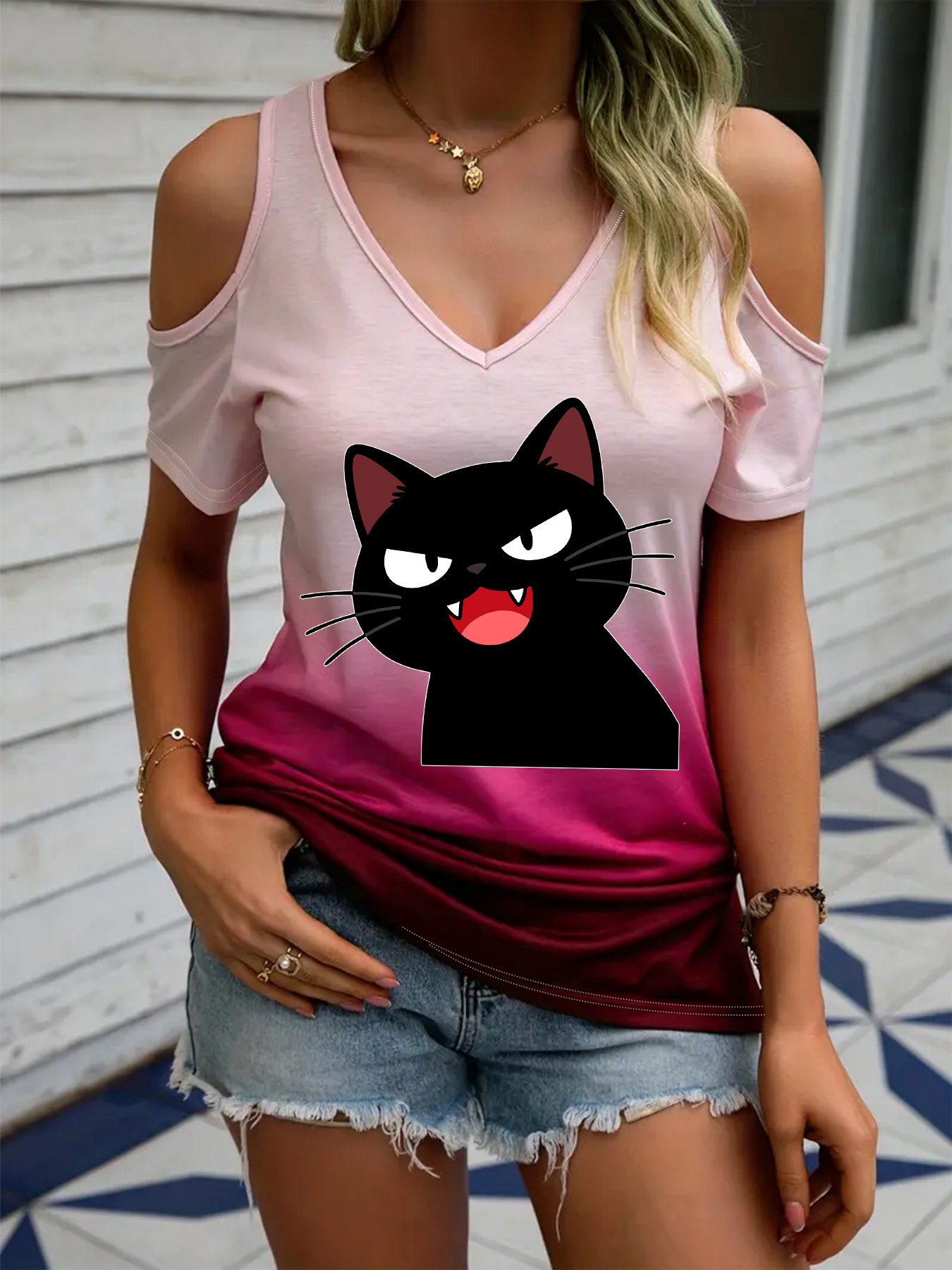 item picture color block v neck short sleeve t shirt off shoulder design cartoon cat print top for casual daily wear