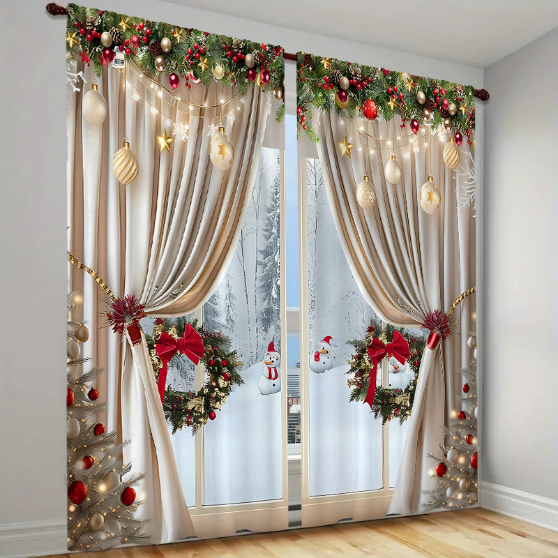 

2pcs, Luxury Christmas Curtains With Golden Design - Translucent, Easy To Hang Pole Opening, Suitable For Living Rooms, Bedrooms, Offices - Decoration.