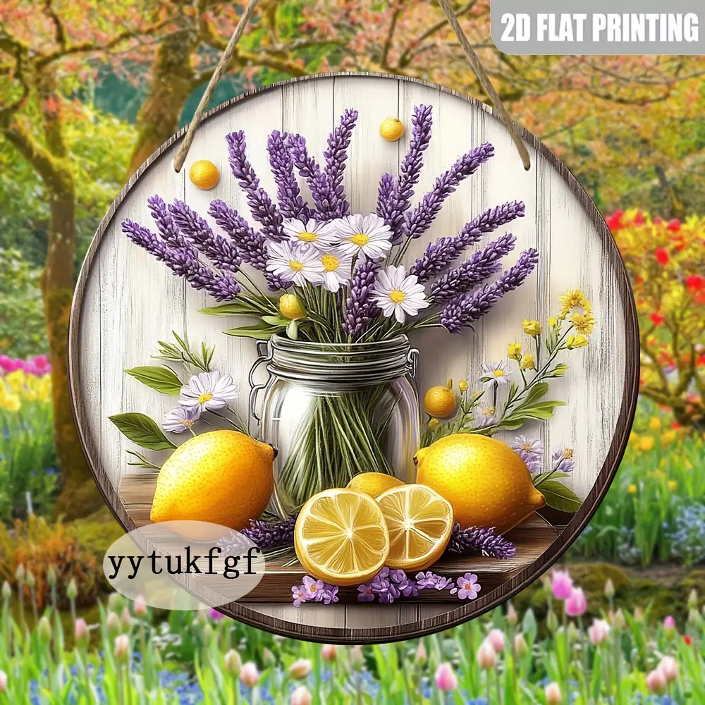 TEMU 2d Flat, 1pc Wall Decor - Round Artificial Wood Hanging Ornament Suitable For Home, Office, Garden,, - Lemon & Lavender Design With Wood Frame,