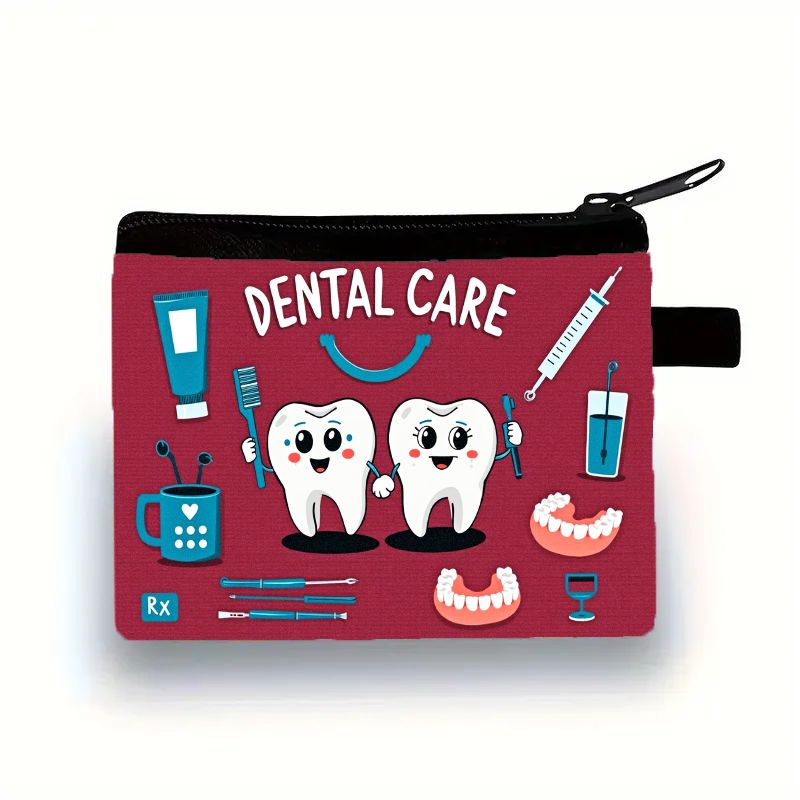TEMU Bolsa de Cierre con Diseño Dental de Dibujos Animados: , Económica, Ideal para Monedas, Tarjetas, Llaves, Lápiz Labial, Hilo Dental, Suministros