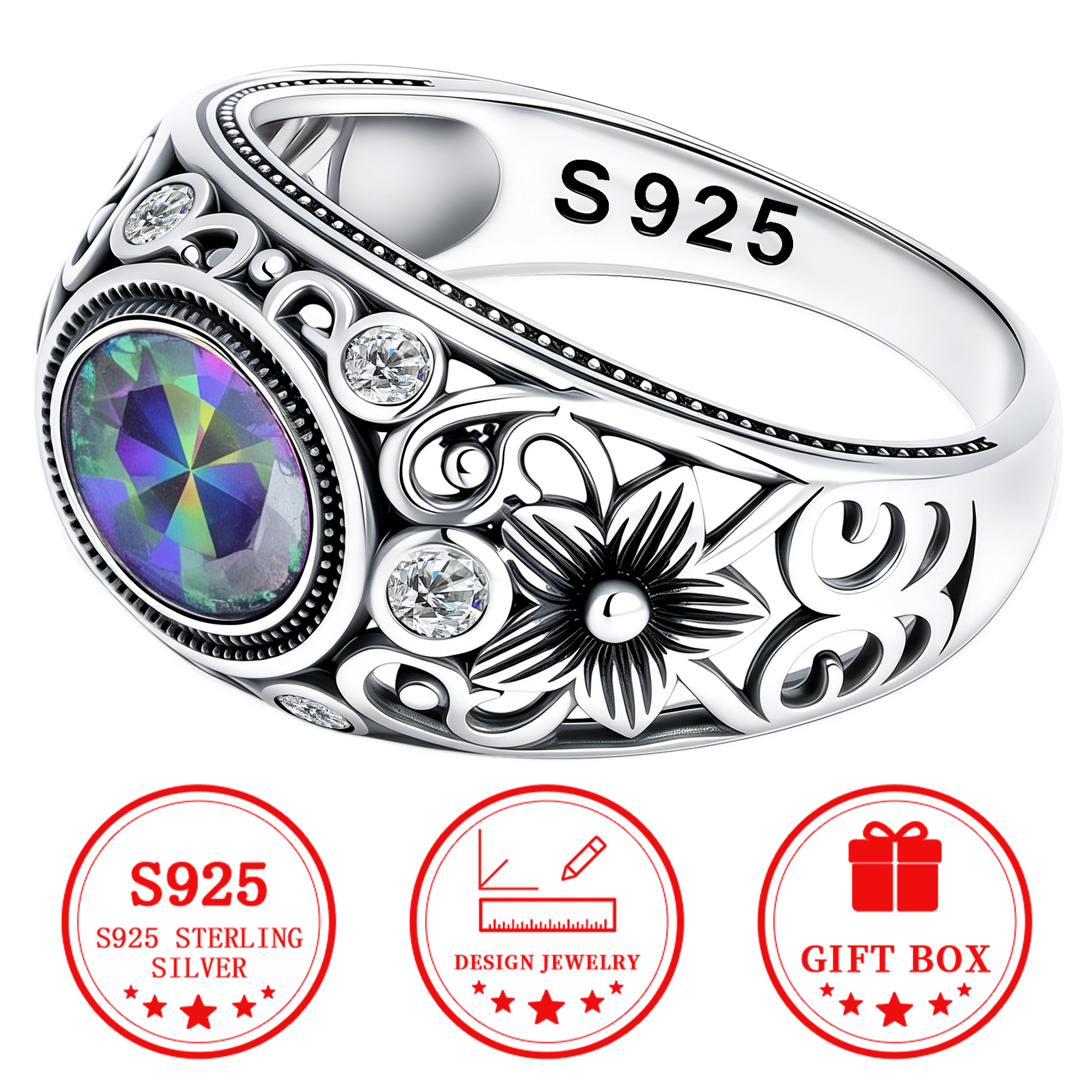 Men's S925 Silver Oval Iridescent Pattern Ring — Stylish Statement