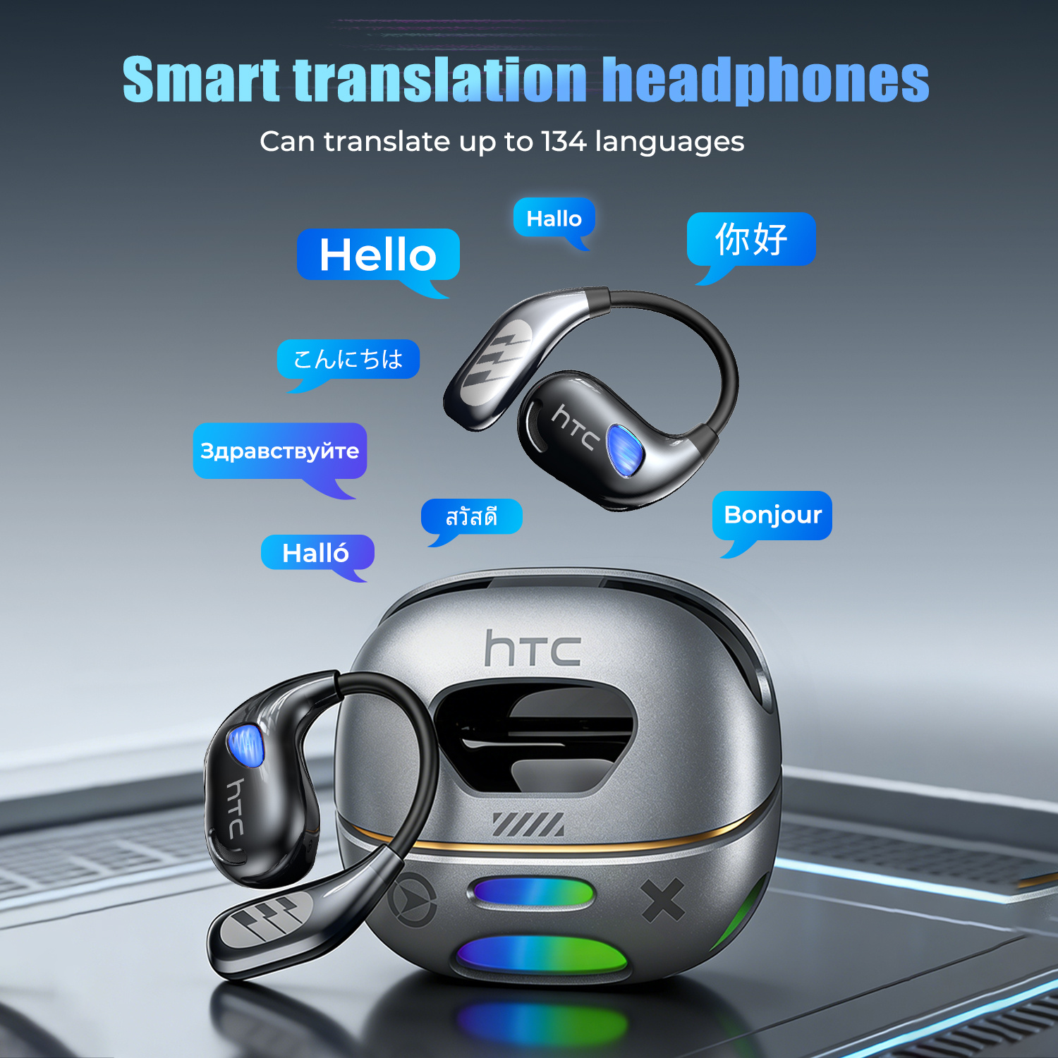 słuchawki bezprzewodowe htc ne69 ai smart translation open-ear z obsługą tłumaczenia dla 134 języków z możliwościami dwukierunkowymi w czasie rzeczywistym. wyposażone w żywe efekty świetlne i wysoką jakość dźwięku w wysokiej rozdzielczości, oferują długą żywotność baterii i inteligentne przełączanie