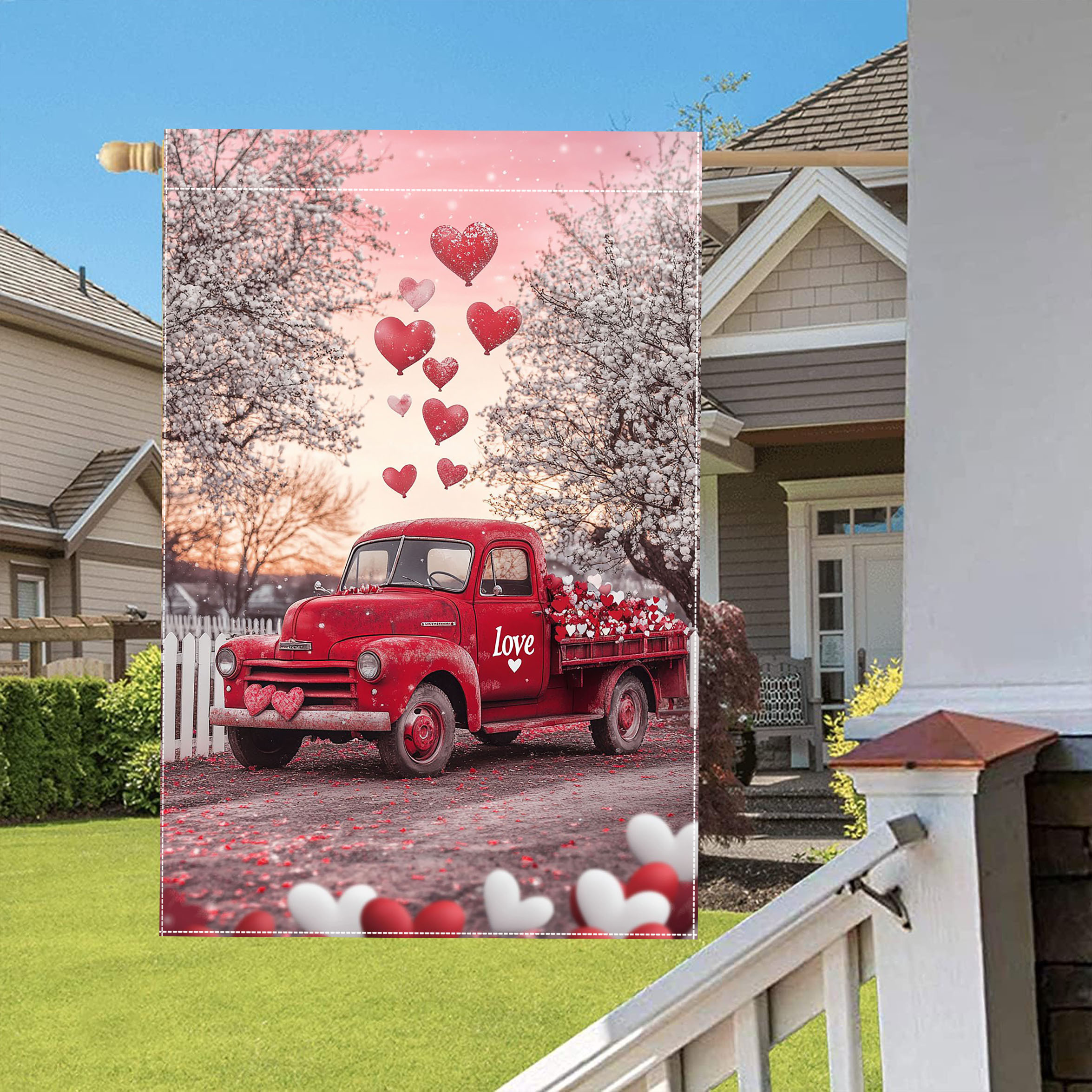 

Valentine's Day Red Pickup Flag With Heart-shaped Balloons And Flowers, Double-sided 28x40 Inch, Polyester, Home And Outdoor Yard Decoration