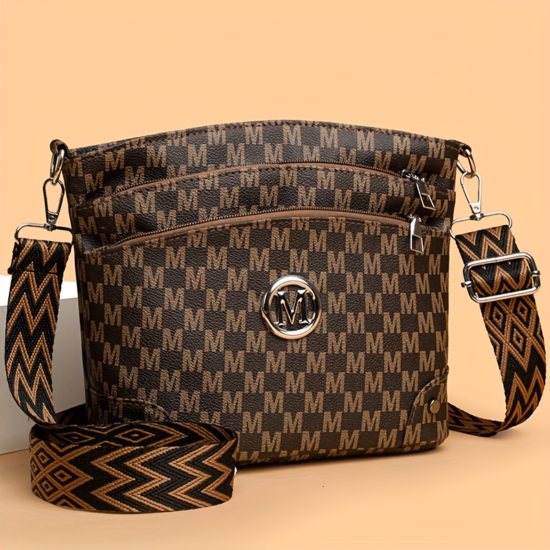 TEMU A Vintage-style Faux Leather Shoulder Bag Featuring A Geometric M-letter Print, With An Adjustable Strap And Zippered Pockets. Ideal For Daily