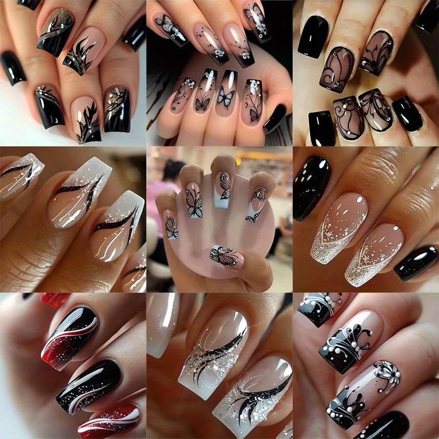 TEMU 216pcs (9pcs)chinese Shiny Elegant Striped Classic Fake Nail 3d Hollow Tail Design Women' Nail Set, Suitable For Daily Use And Parties