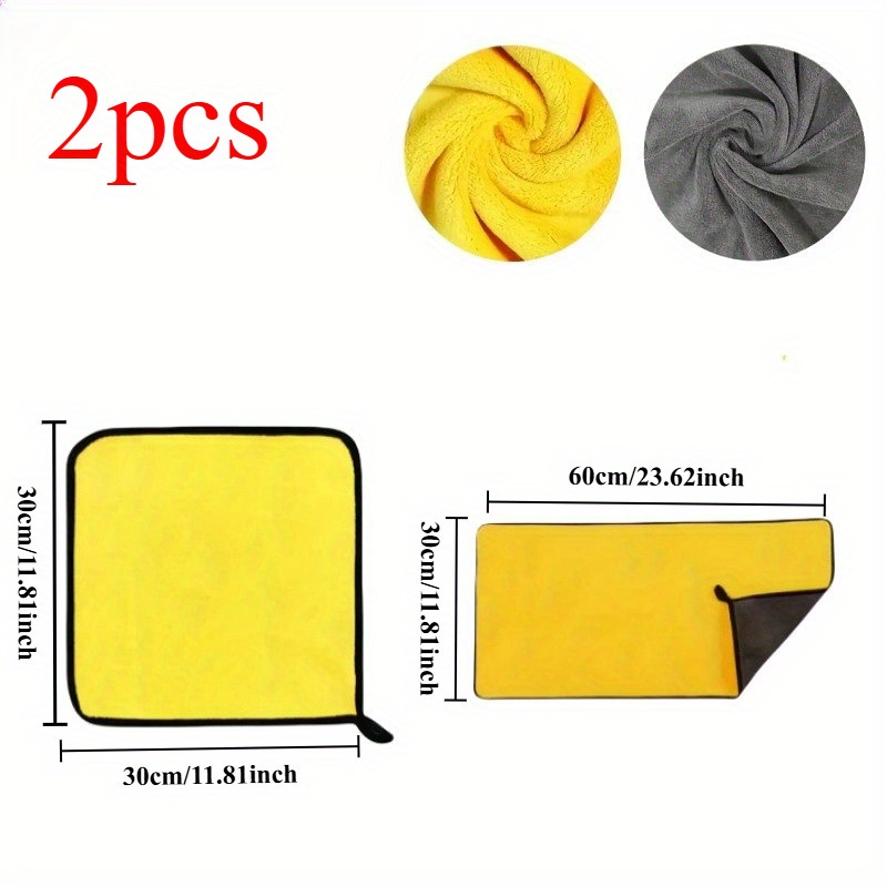 2pcs Super Absorbent Microfiber Car Cleaning Towels, Thick & Soft Double-sided, High Absorbency, Quick-drying, For Car, Home, Outdoor, Bathroom, Kitchen & Yard, No Power Needed, Gray With Yellow Trim