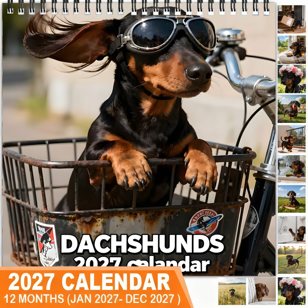 TEMU (december Thick Coated Paper, Spiral Double-sided Printing) Dachshund In Basket With Sunglasses And Bicycle Planner 2027 Planner Wall Calendar -