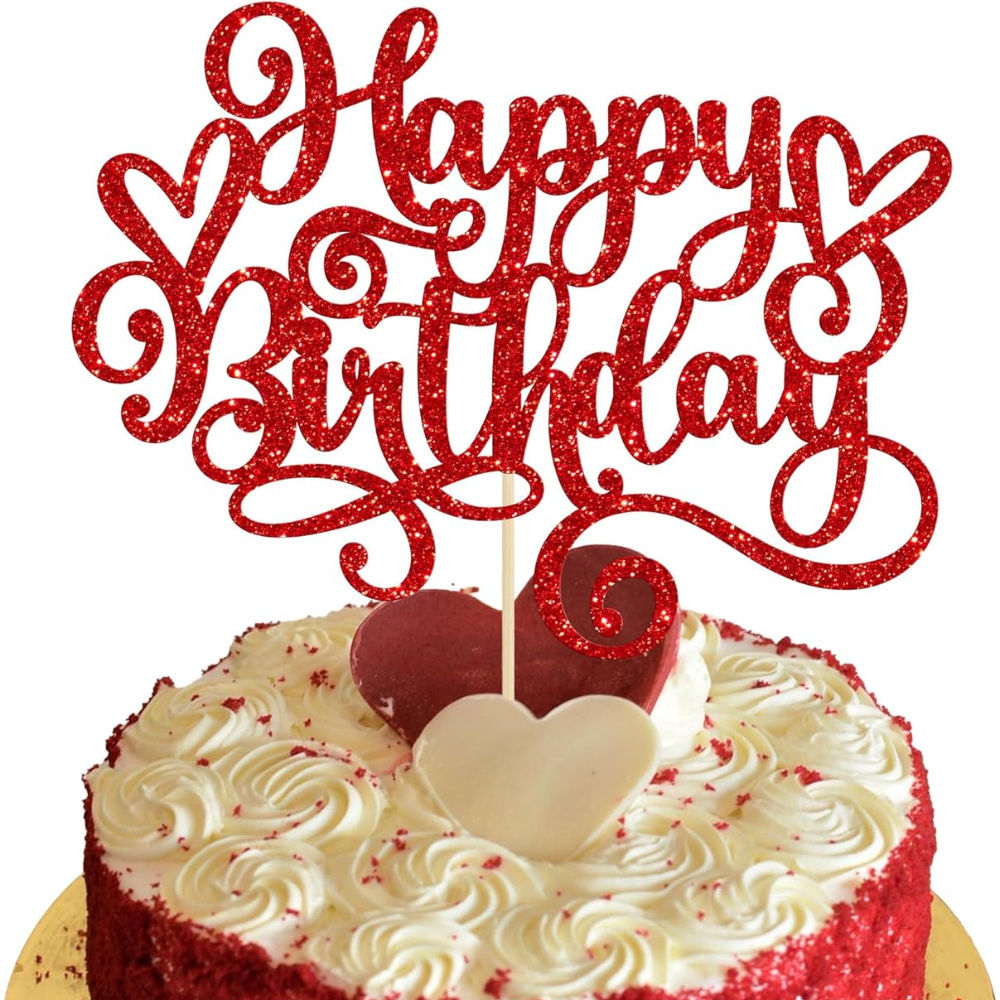 Image of 1pc Happy Birthday Cake Topper Glitter Happy Birthday Cake Pick For Celebrating Happy Birthday Anniversary Party Cake Decorations Supplies Red, Happy Valentine's Day