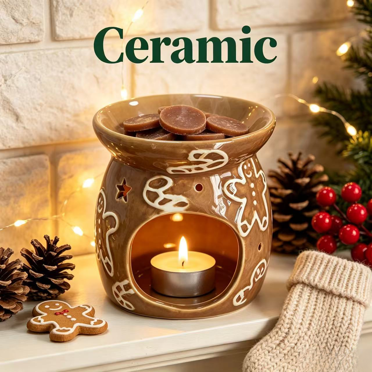 TEMU Ceramic Wax Warmer & Tealight Holder - Gingerbread For Man Suitable For Fragrance Oil Burner, Hollow Cutout Open Top Burner For Wax Melts,