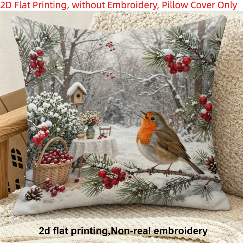TEMU 1pc, 2d Flat Printing, Christmas Winter Robin Snowy Branch Pillow Cover, Single-sided Printing, Without Embroidery, Pillow Inserts Not Included,