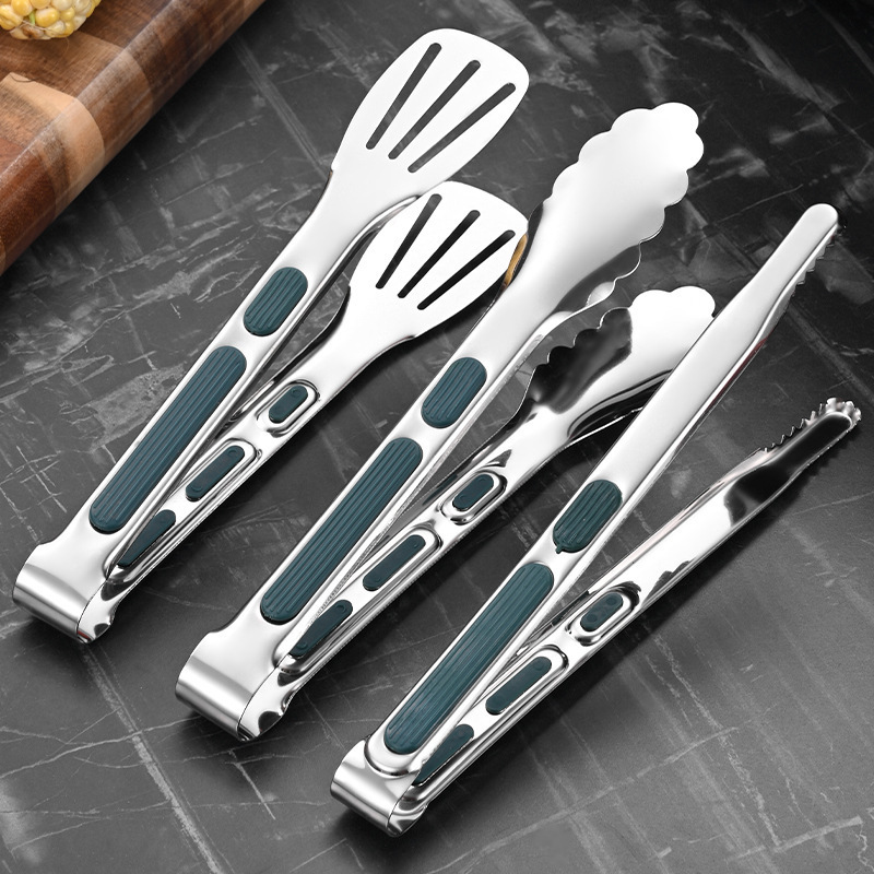 set of 3 stainless steel food tongs ideal for buffet and barbecue featuring silicone grips for handling steak and  