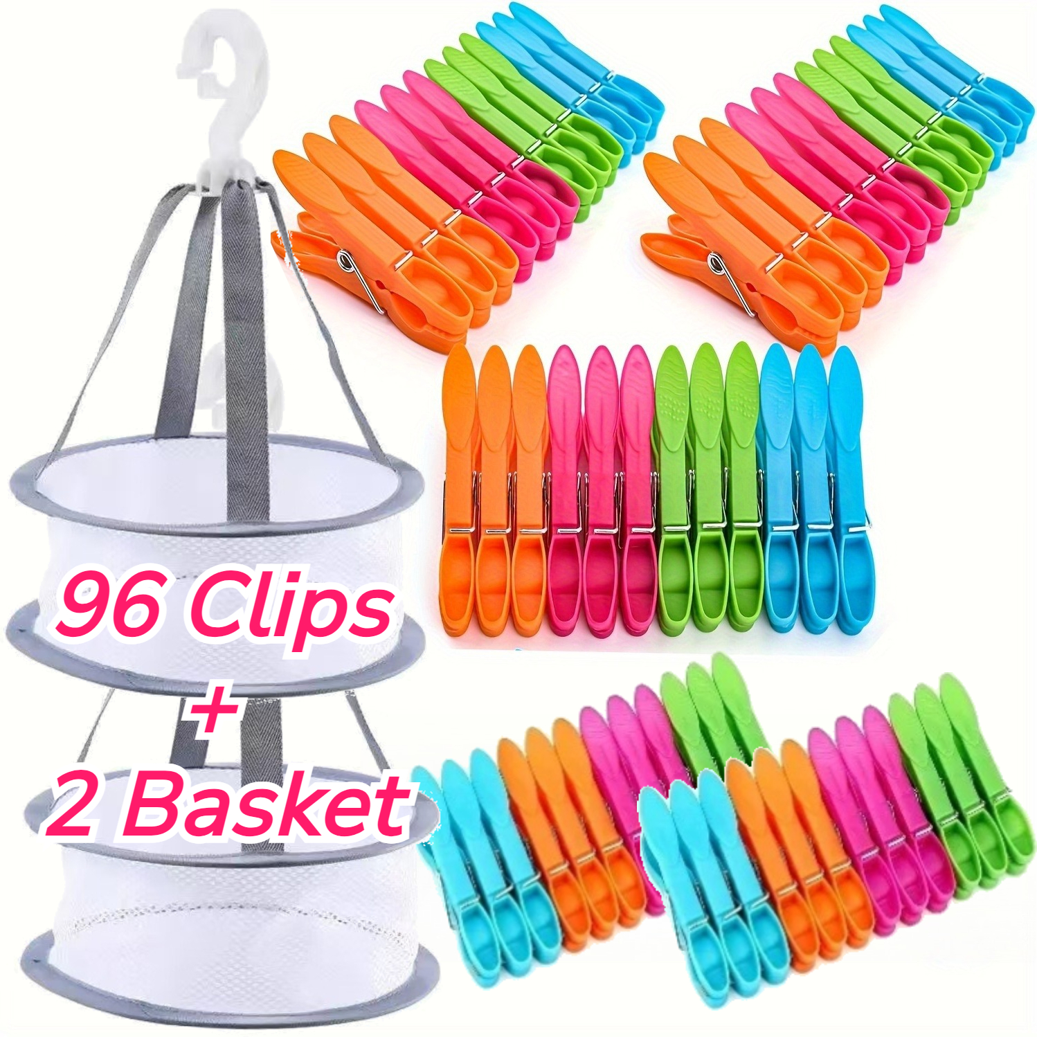 Image of 98pcs Clothespins Set: (96pcs Windproof Plastic Laundry Clips And 2pcs Storage Baskets), Colorful No-mark Clothes Pegs For Socks, , Underwear, Drying Rack And Clothesline Organizer, Clothes Pins