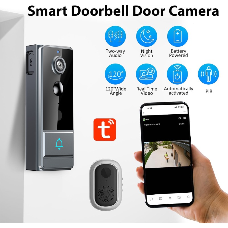 Image of Wireless Wifi Doorbell For , Security Camera With Night Vision, Pir Detection, Rechargeable Battery - Easy To Mount & App-controlled, For Camera, Wireless Doorbell Outdoor, Smart For Cameras Wire