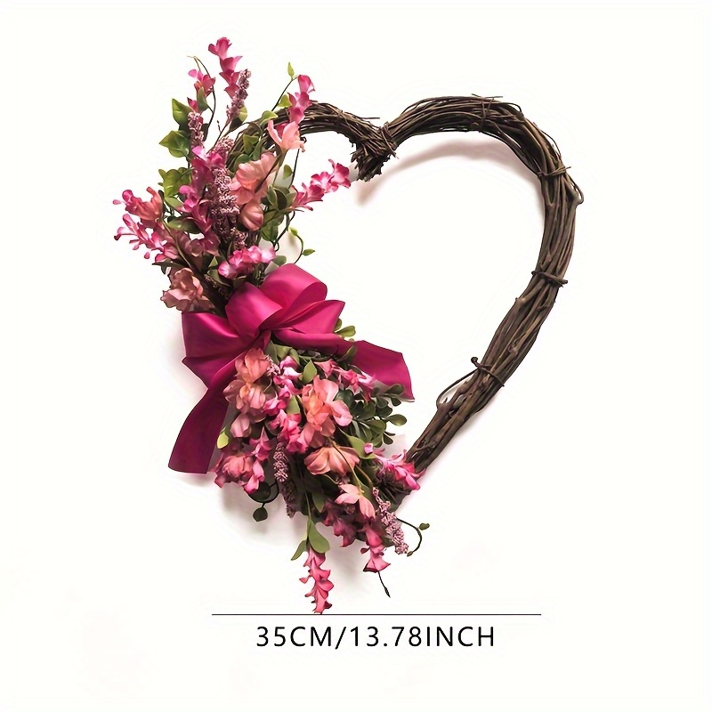 TEMU Heart-shaped Floral Wreath- Pink Artificial Flower Door Hanger With Greenery& Ribbon Bow- Valentine's//wedding Decor- Farmhouse Chic Hanging For