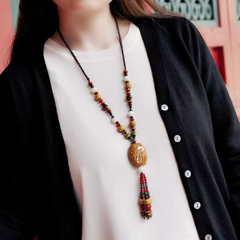 Ethnic Style Long Sweater Chain Necklace with Ceramic Tassel
