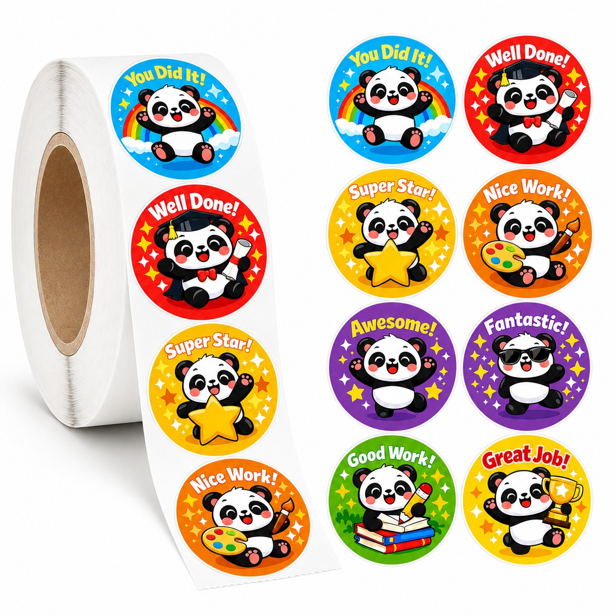 TEMU 500pcs Cute Panda Encouragement Stickers Roll, Colorful Positive Praise Round Labels, Awesome Great Job Self Adhesive Stickers For Journals,