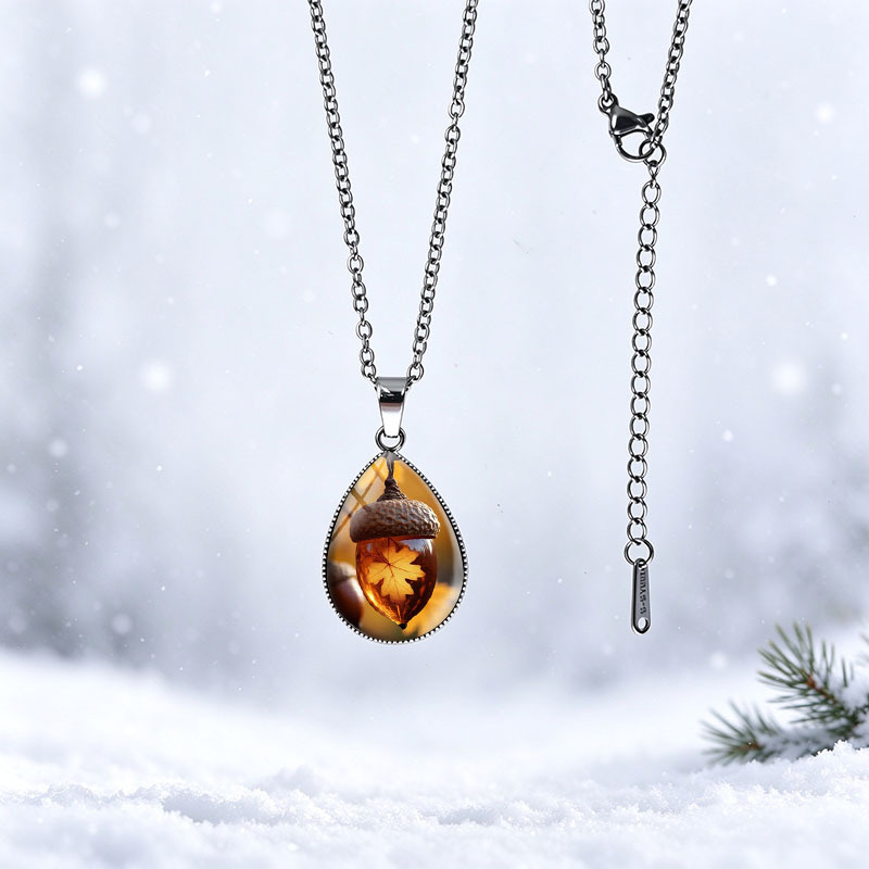 Unisex Acorn Leaf Tear Drop Necklace with Stainless Steel Chain