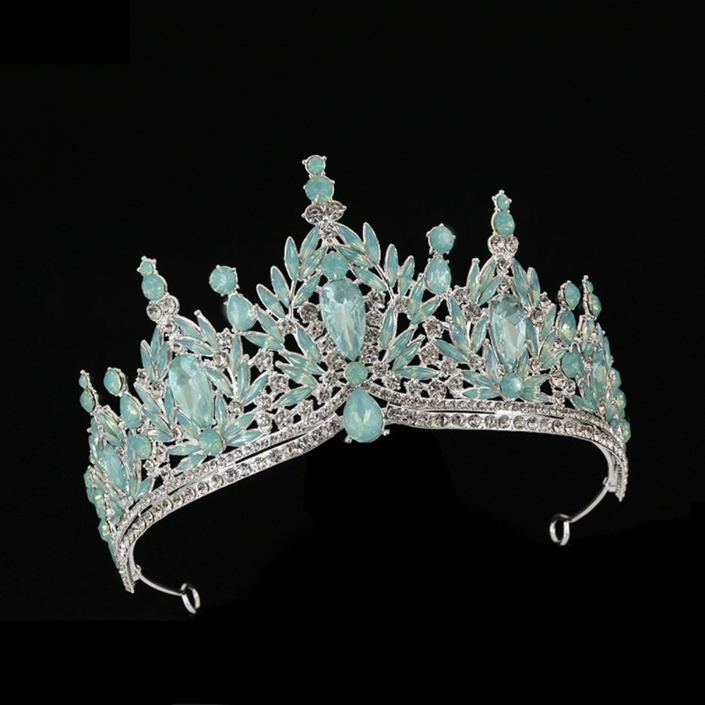 TEMU Mint Green Crown Headpiece, Light Luxury Silvery Base With Leaf Design, Princess Crown For Eighteenth Birthday Celebration, Evening Gown Hair