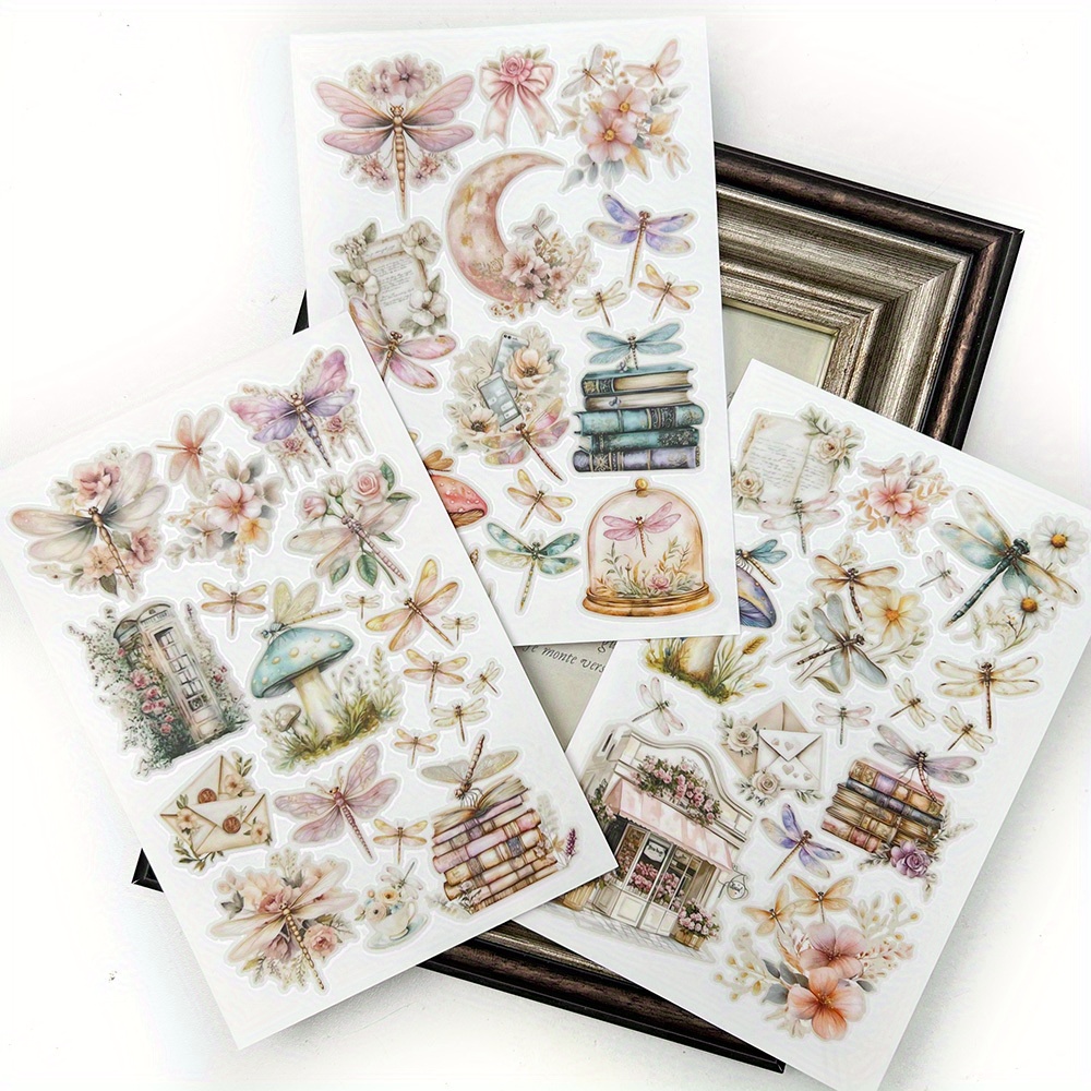 3pcs Whimsical Garden Rub On Stickers With Dragonflies, Books, And Floral Elements For Journaling, Scrapbooking, And Diy Crafts