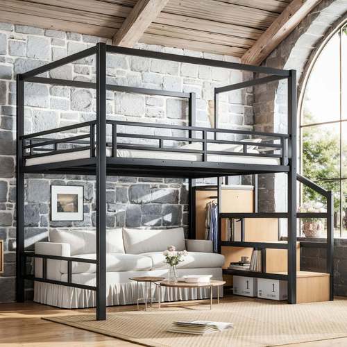 full loft bed with storage stairs and wardrobe metal loft bed with canopy frame underbed spaces design black