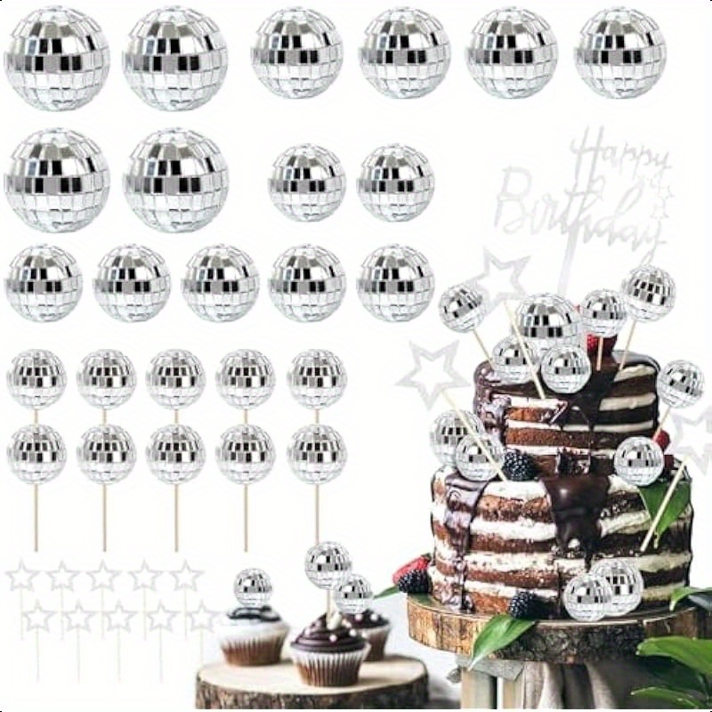 Lot De 20 Décorations De Gâteau En Forme De Boule Disco: Décoration De Gâteau, Mini Boule Disco, Boule Miroir Argentée Pour Accessoires De Fête, Décoration De Gâteau, Décoration De Fête à Thème