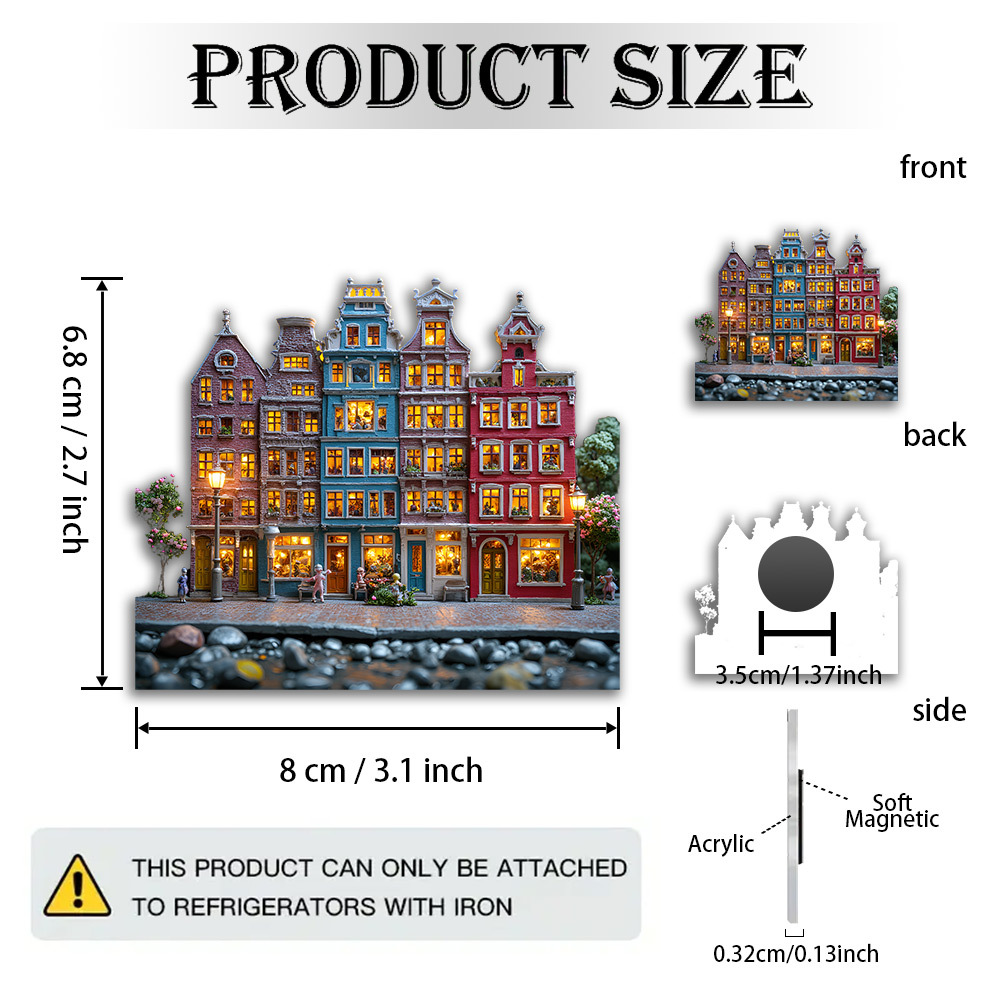 TEMU 1pc Of A 2d Flat Magnet Made Of Acrylic And Rubber, Featuring Vibrant Street Art From Amsterdam - A Pixelated Retro With Colorful Buildings And