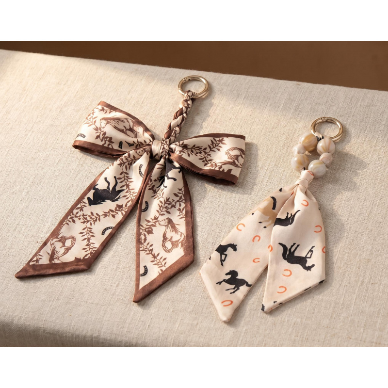 TEMU 2-pack Retro Equestrian Print Bow Ornament + Ribbon Keychain, Patterns Look Elegant, Dangling Ribbons Present Vivid Outlines, Bags, Trouser