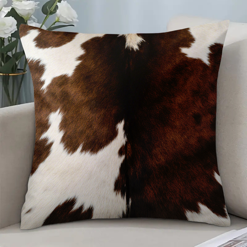 TEMU 1pc Cow Print Cushion Cover Suitable For Sofa Bedroom - Brown & Zipper Closure Pillowcase, Soft Plush Decorative Cover Fits Decor, Machine