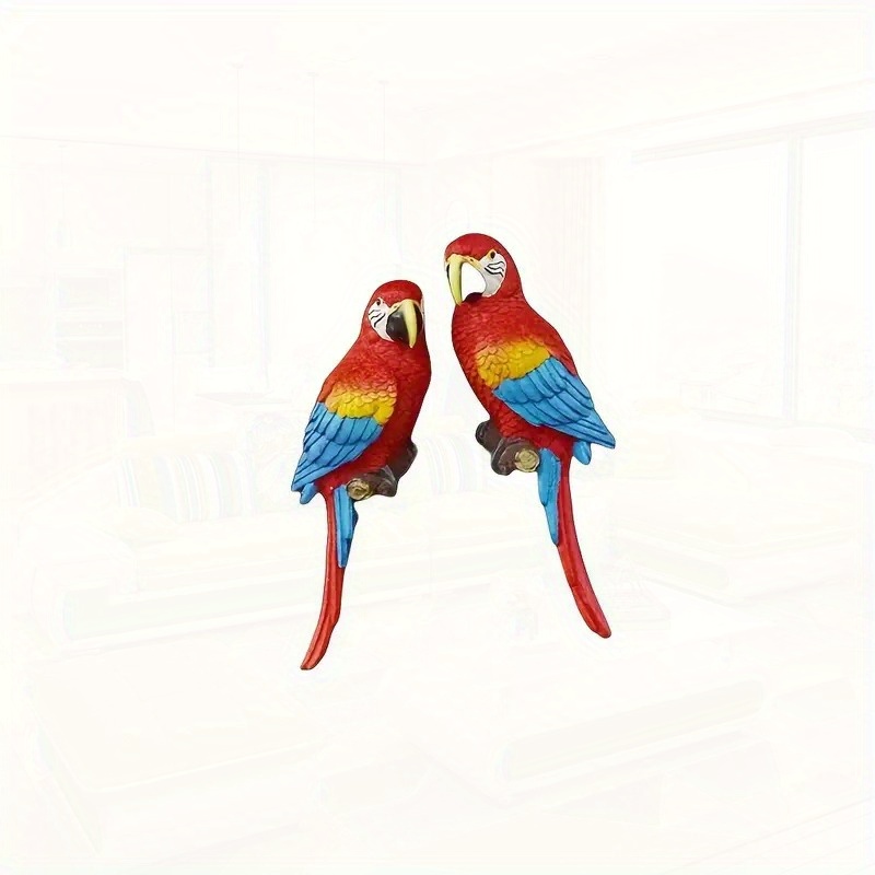 Image of 2 Realistic Parrot Statues Set - Outdoor Or Hanging Bird Sculptures, Designed For Trees And Walls, Made Of Resin, Perfect For Gardens Or