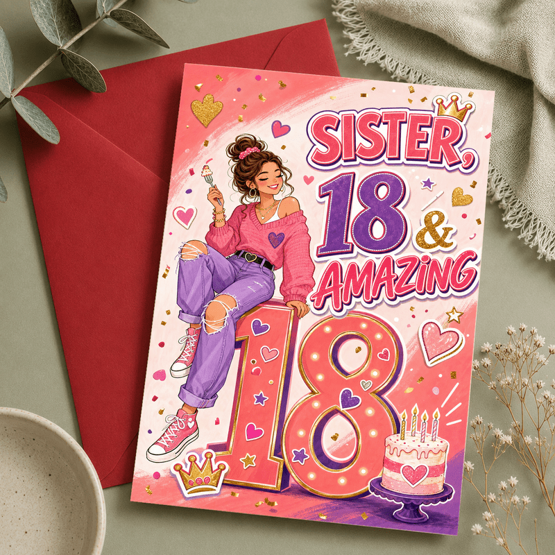 TEMU Your 18th Birthday With A Vibrant, Pop- Card—perfect For A Fun, Stylish Milestone. Features "sister, 18 & Amazing" Text, Hearts, Crowns, And A