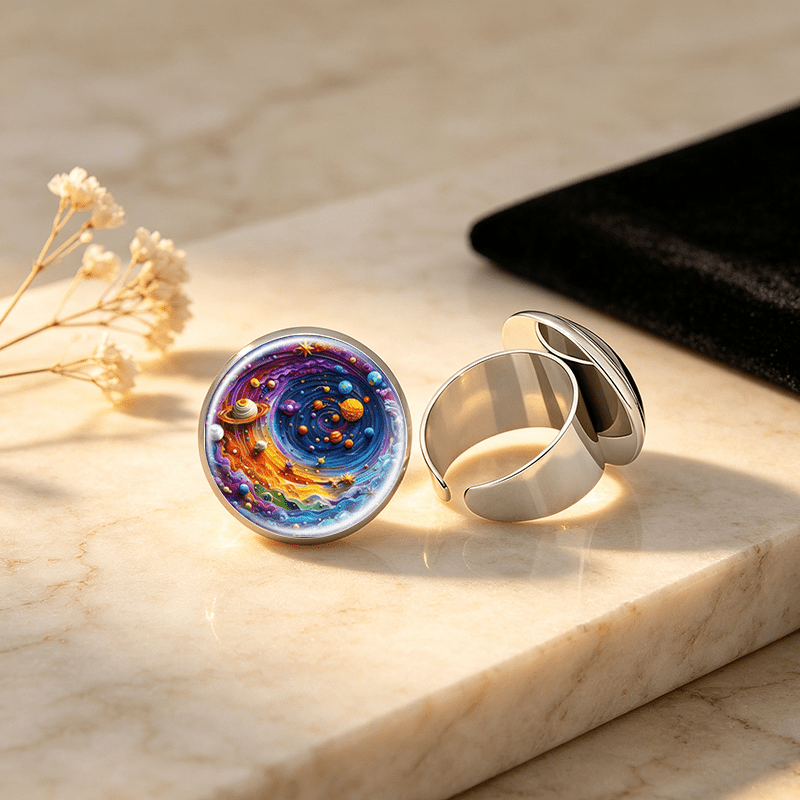 Adjustable White Ring with Universe Planets Design
