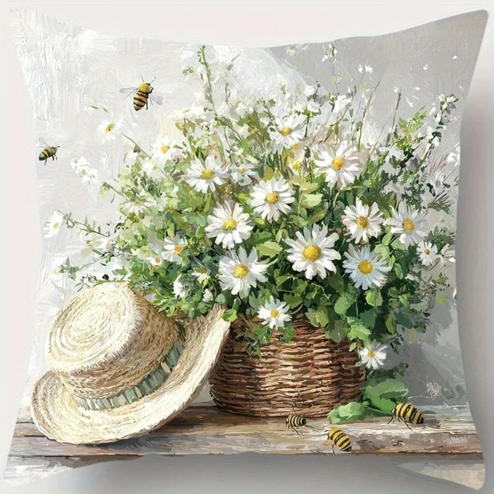 4pcs vintage daisy print pillow covers double sided digital printing non embroidered machine washable zipper closure polyester ideal for daily use holiday decor valentines mothers day   halloween thanksgiving christmas decorative pillows Product details 4