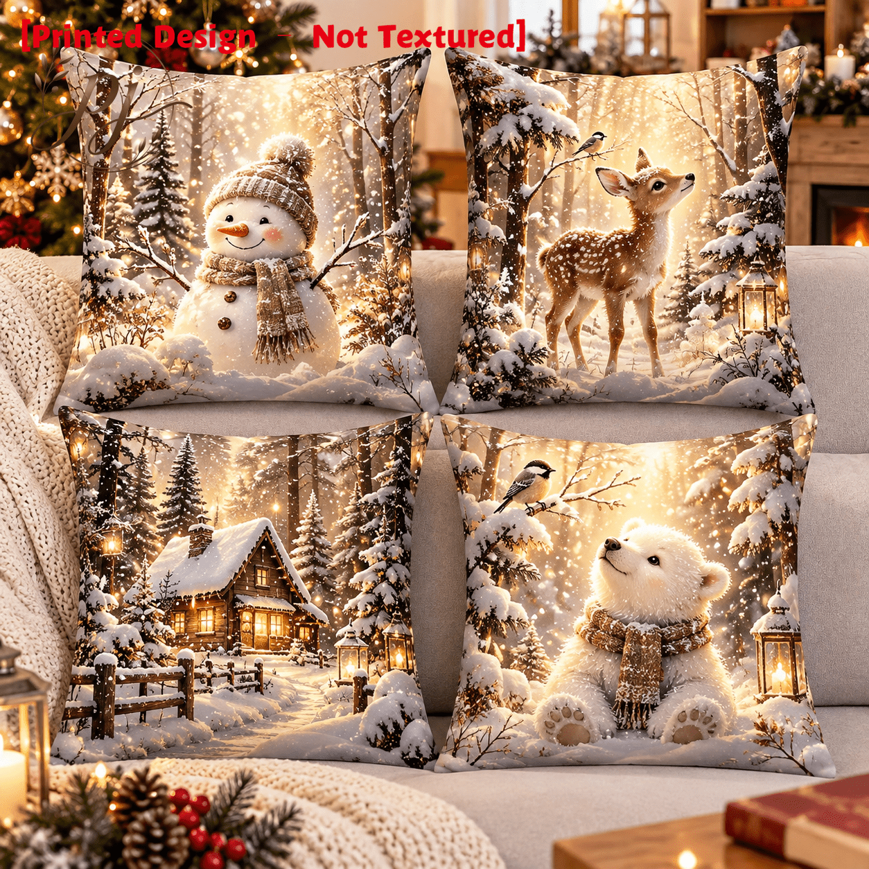 TEMU Printed Design - Not Textured 4pcs Christmas Winter Atmosphere Pillow Covers Snowman Deer White Light Snow Scene Sofa Cushion Covers Home Decor