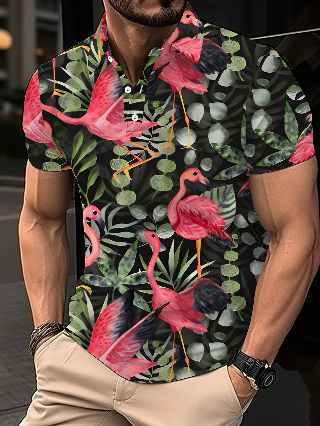 camisa hombre estampado flamenco tropical rosa - Temu Mexico, image size:800x1066