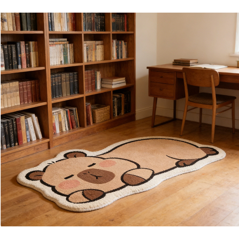 TEMU 2d Flat Cute Capybara Plush Rug - Cartoon Capybara Sleeping Design Bedside Carpet, Brown Series Irregular Shaped Non-slip Floor Mat, Washable