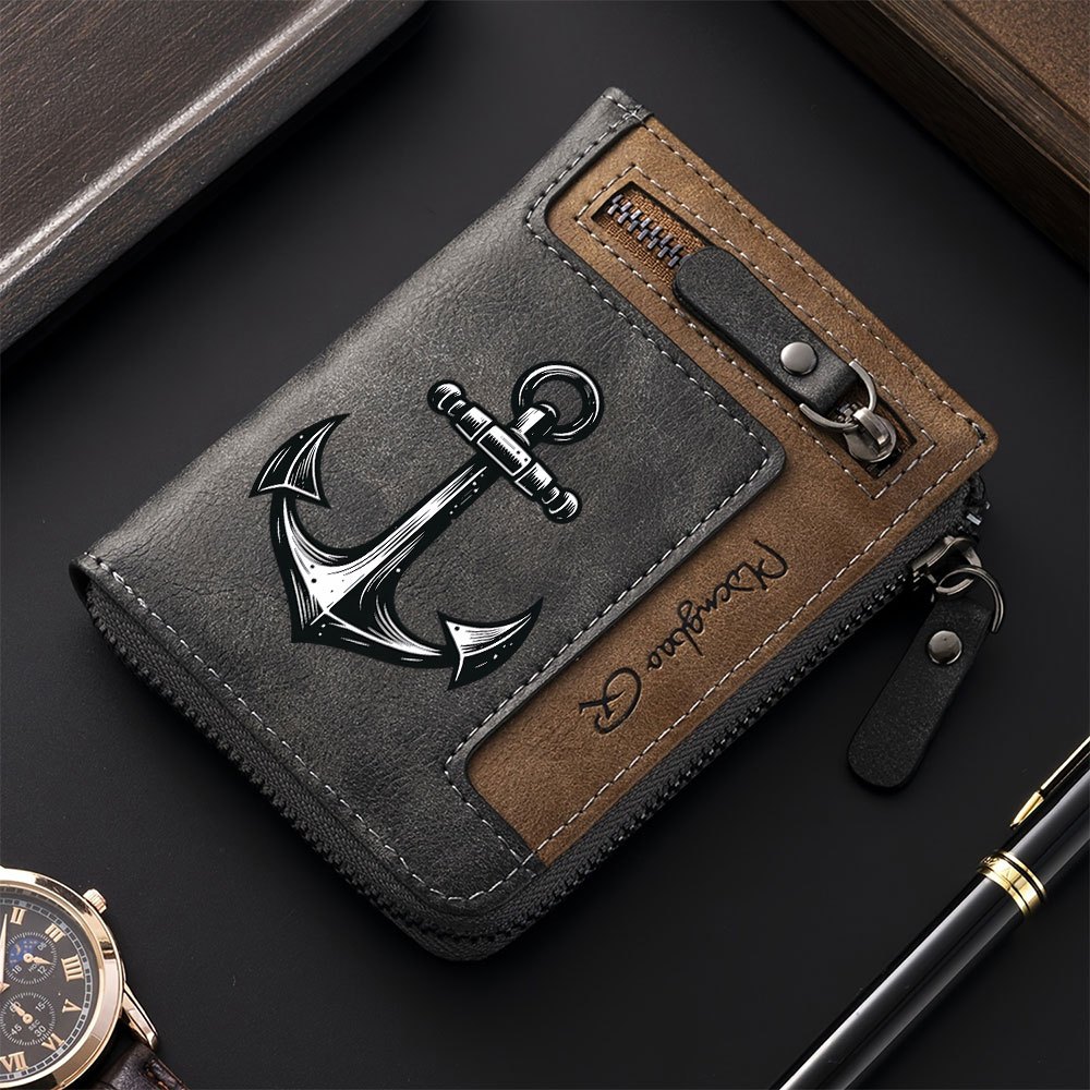 Image of 1pc Men's Vintage Nautical Anchor Wallet - Bifold Short Zippered Coin Purse & Card Holder, Nautical Spliced Design With Coin Pocket, Durable For () - Ideal For Dad, , Boat Owners