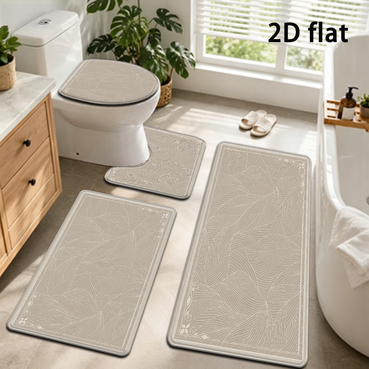 TEMU 2d Flat, 2d Flat, [2d Flat] 3pcs/4pcs Beige Line Leaf Pattern Bath Mat Set Modern Easy Nordic Style Floor Mat Toilet Lid Cover U-shaped Foot Pad