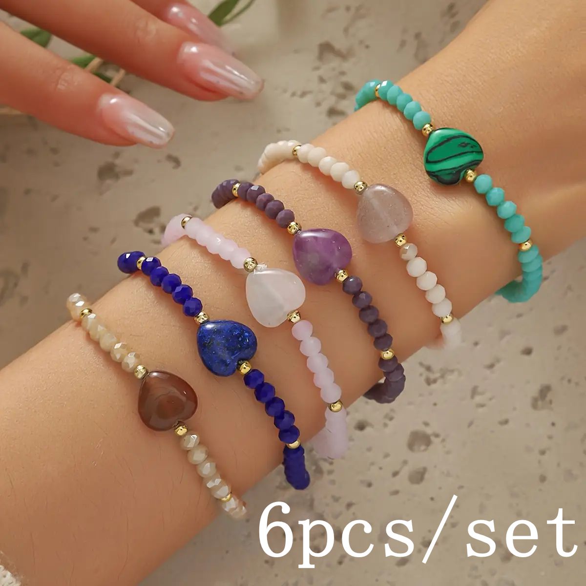 TEMU 6pcs/set Colorful Heart Natural Stone Bracelets For Women, Versatile Style, Birthday Gift For Girlfriend Or Bestie (natural Stone Heart Patterns