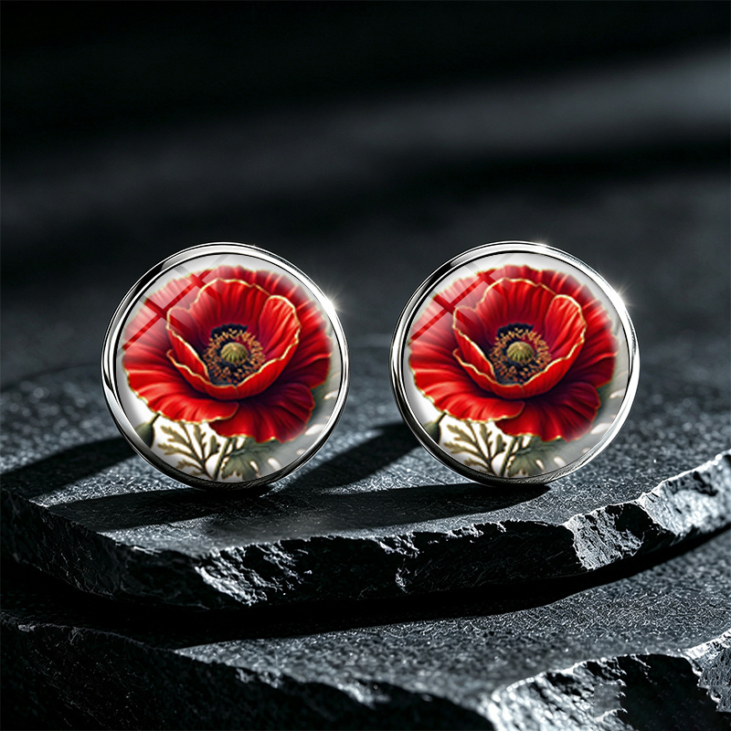 TEMU 1pair Red Poppy Flower Illustration Round Glass Dome Stud Earrings Fashion Handmade Unisex Jewelry Earrings Accessory Gifts
