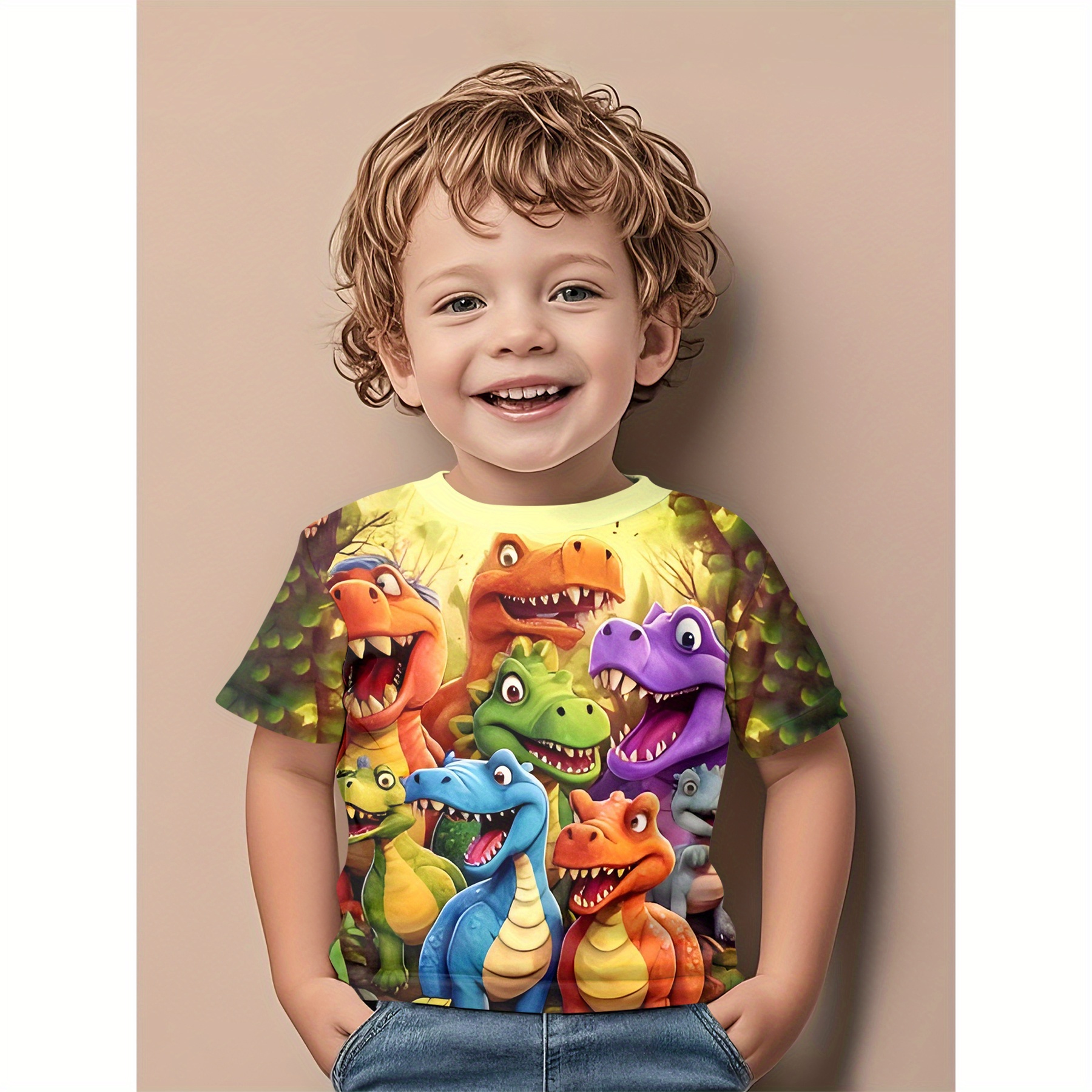 T-shirt de Manga Curta de Verão 3D Estilosa com Desenhos Animados para Bebé Menino com Vários Designs e Estampados de Dinossauros