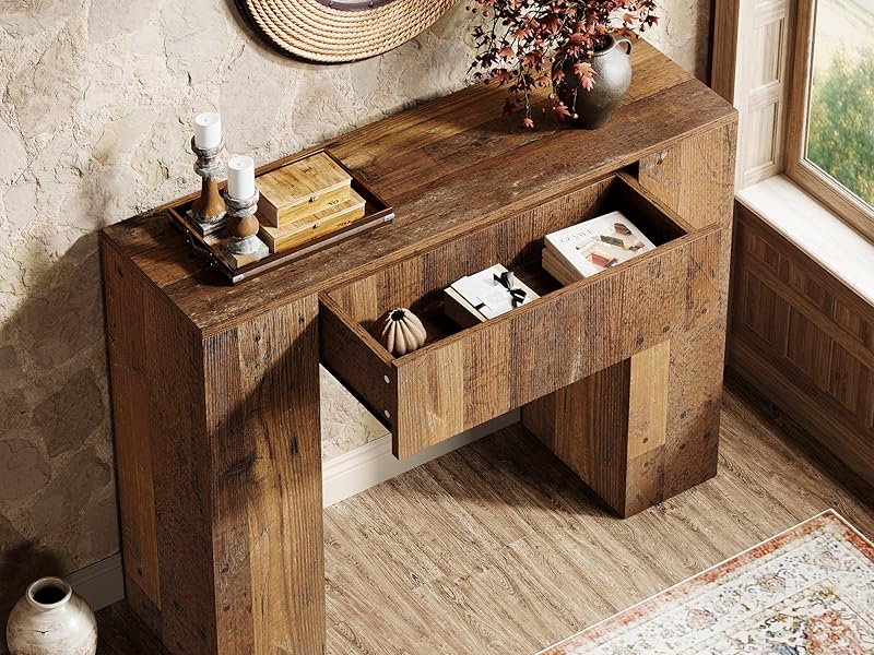 100cm Modern Farmhouse Console Table with Drawers - Narrow Slim Space-Saving Suitable for Small Spaces, Engineered Wood Hallway Table with Storage, Dark Brown Coffee Table for Entryway, Living Room, Assembly (Assembly Required)