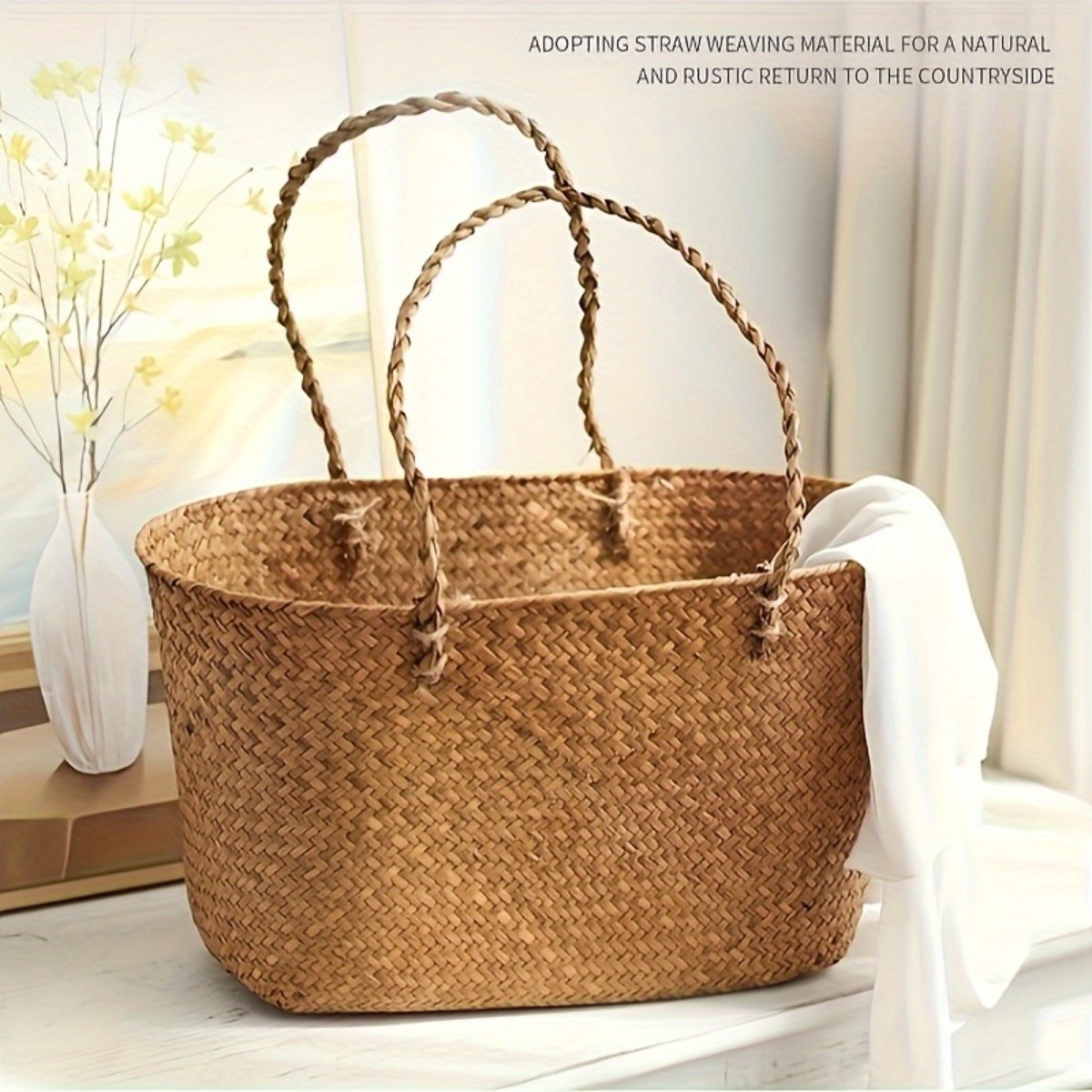 TEMU Large Vintage Hand-woven Straw Shopping Basket With Long Handles – Perfect For Outdoor Picnics, Beach, And Home Decor, Picnic Basket, Rustic