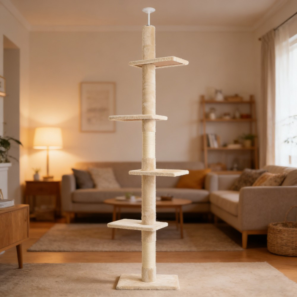4-tier Ceiling-mounted Cat Tree Suitable For Cats & Multi-level Climbing, Adjustable Height (7.5'-9') Beige Sisal Scratching Post With Ceiling-mounted, Space- Modern Cat Furniture For High-roof Homes