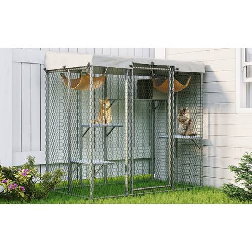 large outdoor cat enclosure with roof walk rest boxes play shelves and window access cat shelter for patio or outdoor use 62 6 x 32 7 x 70 9 inches