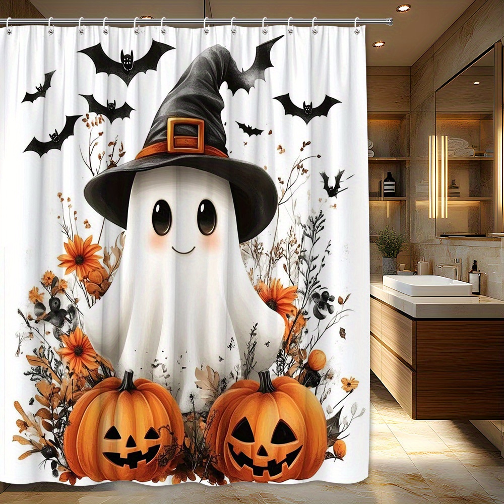 TEMU 1pc Halloween Shower Curtain - Cute Cartoon With Black Hat & Pumpkins, Black Bats & Autumn , 12 Hooks, 70.87x70.87 Inches, Polyester Bathroom