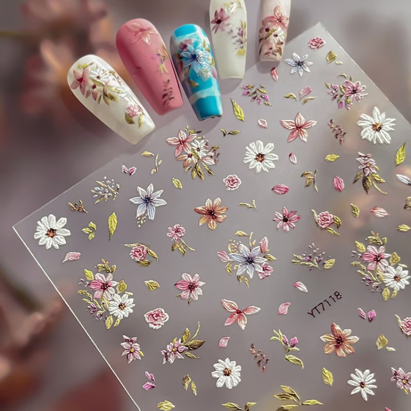 Hand-painted Beautiful Flower And Green Leaf Nail Stickers