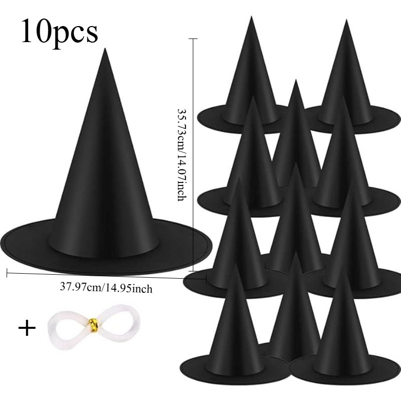Image of 10pcs Halloween Witch Hats Witch Costume Accessory, Black Witch Hat For Halloween Party Decoration, Halloween Performance Party Headgear Witch Hat Costume Prop, Without Battery