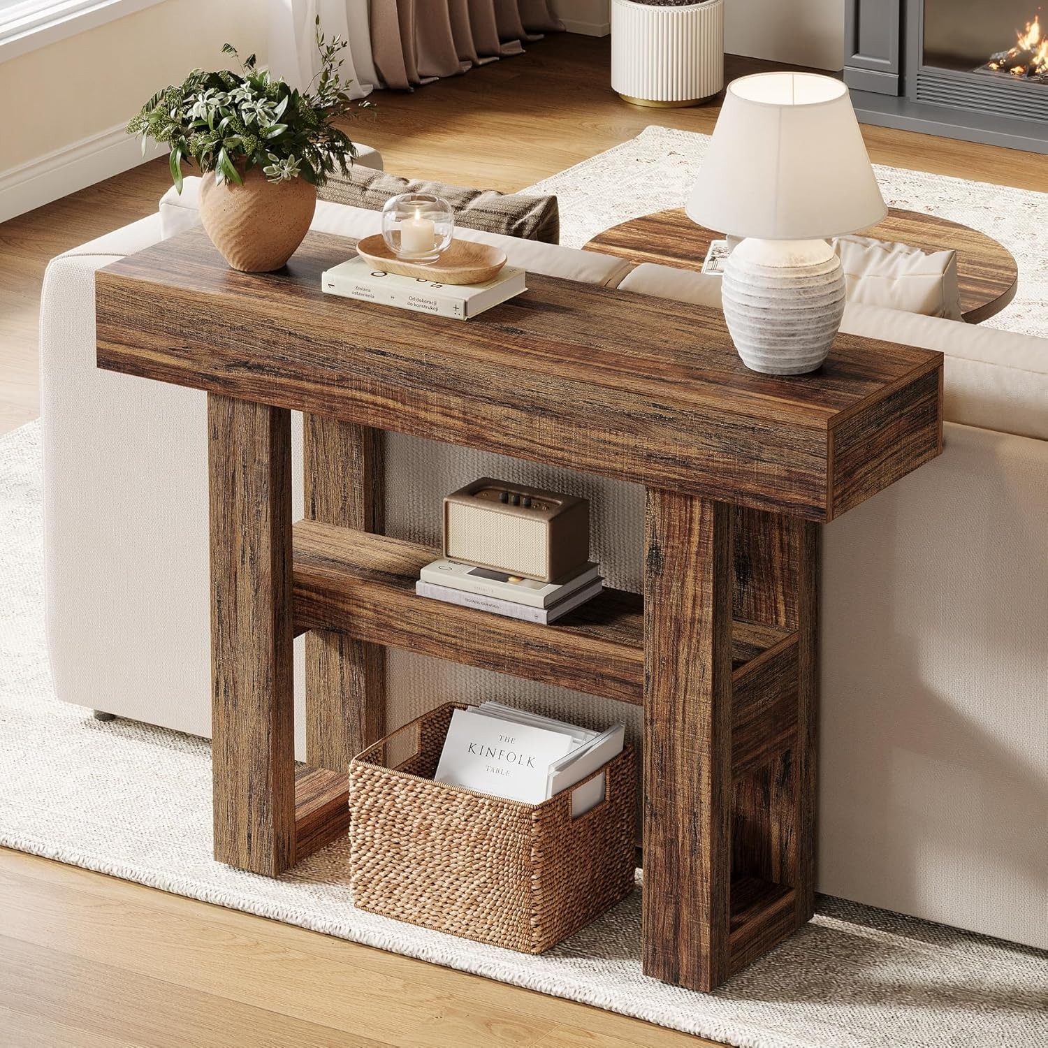 41.34-inch Console Table With Wood Top & Frame - Narrow Sofa Table Suitable For Behind Couch, Entryway Furniture, Hallway Table With Storage Shelves, Rustic Brown For Living Room