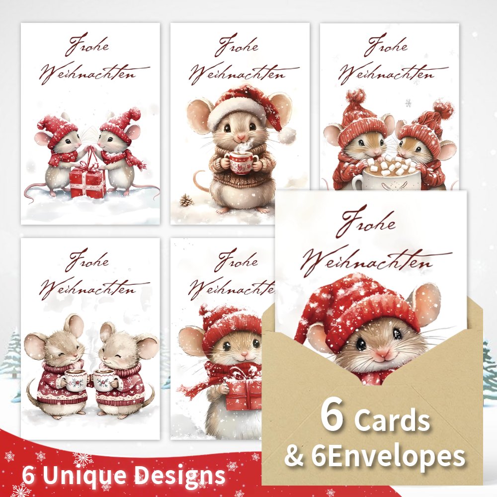 Set Of 12 Mouse-themed German Christmas Greeting Cards With Envelopes, Featuring , Ideal For Gifting To Family, , And Coworkers During The