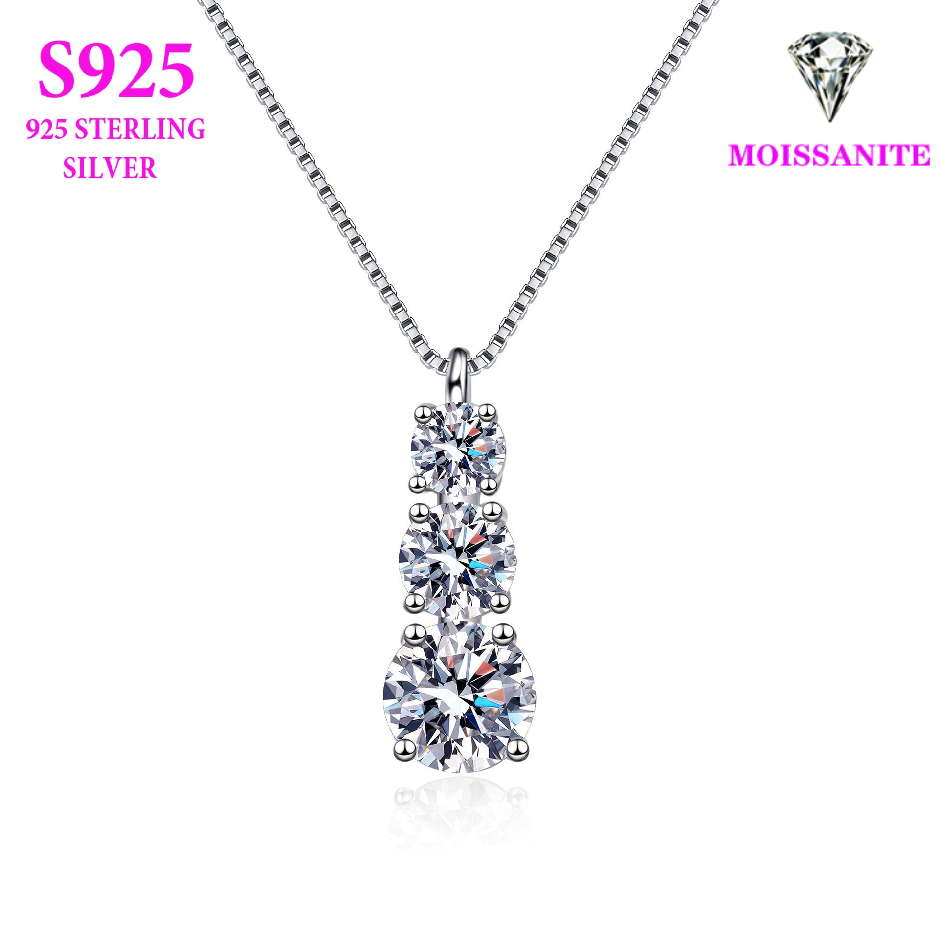 S925 Sterling Silver Three-Stone Moissanite Pendant Necklace